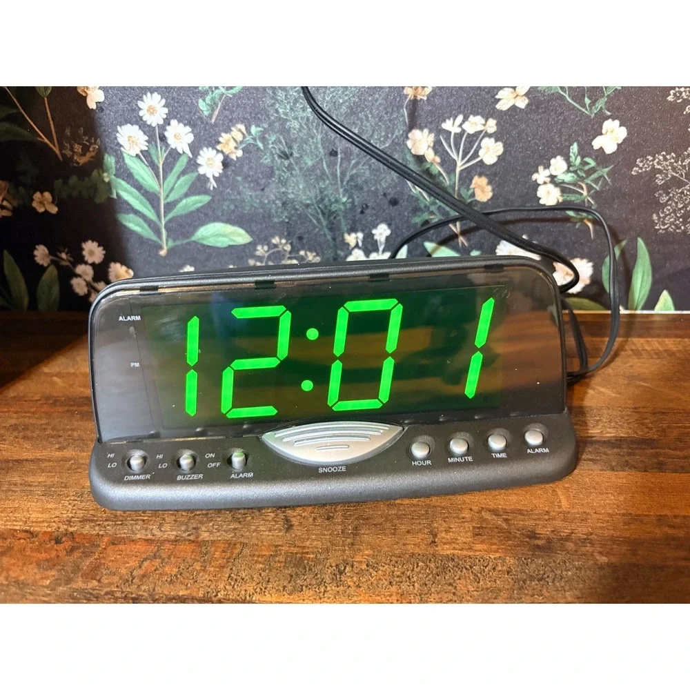 Digital Alarm Clock Large Green LED Display Snooze Dimmer Black Bedside Clock